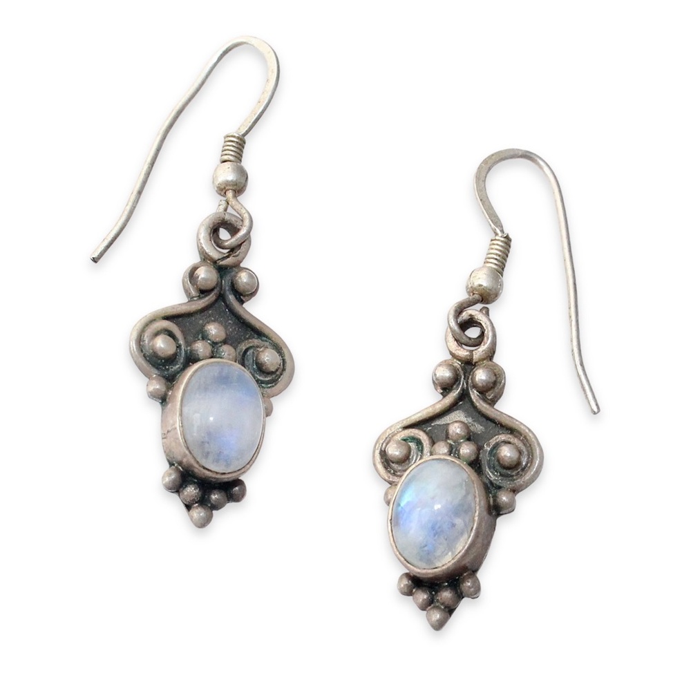 Rainbow Moonstone Sterling Silver Dangle Earrings Oval Cabochon Bohemian Style